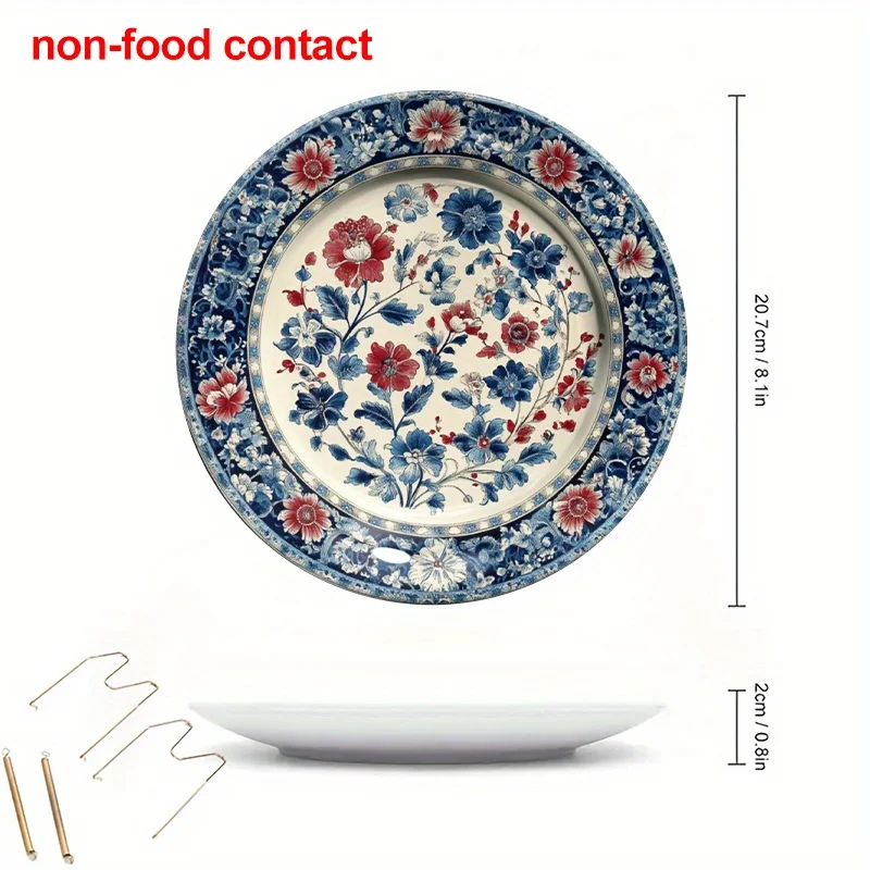 1pc Vintage Floral Round Ceramic Hanging Wall Art Plates, Non-food contact. 8-inch Modern Mural Decoration, Unique Holiday Gift