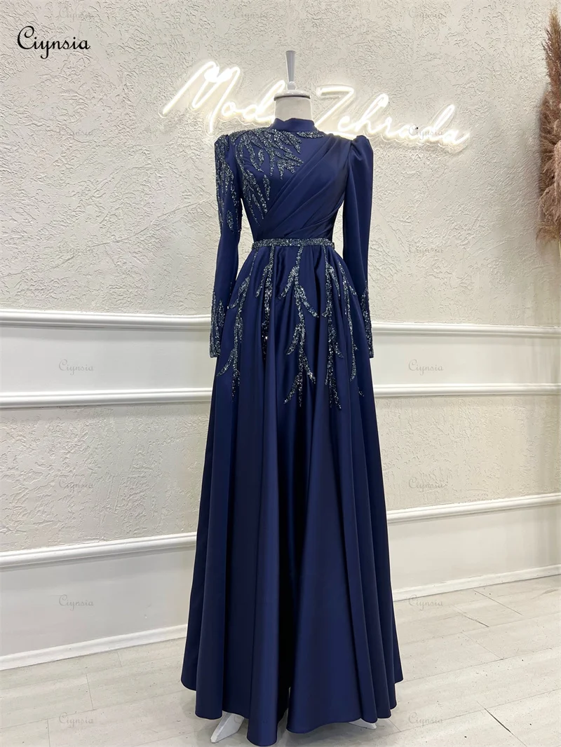 Ciynsia High Neck Muslim Islamic Evening Gowns Satin Beaded Full Sleeves Formal Occasion Dresses Elegant A-Line Robe De Soiree