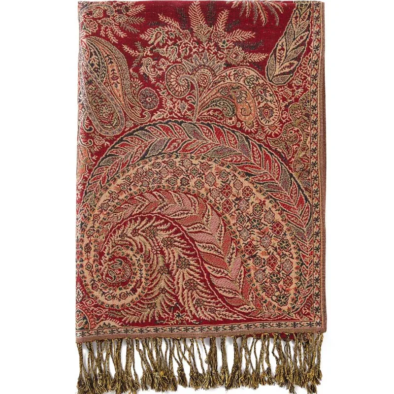 Pashmina Silk Shawl Scarf Wrap Stole Big Paisley Jacquard Rave 2 Layers Reversible Vintage Tassels For Women 70X180cm 240g