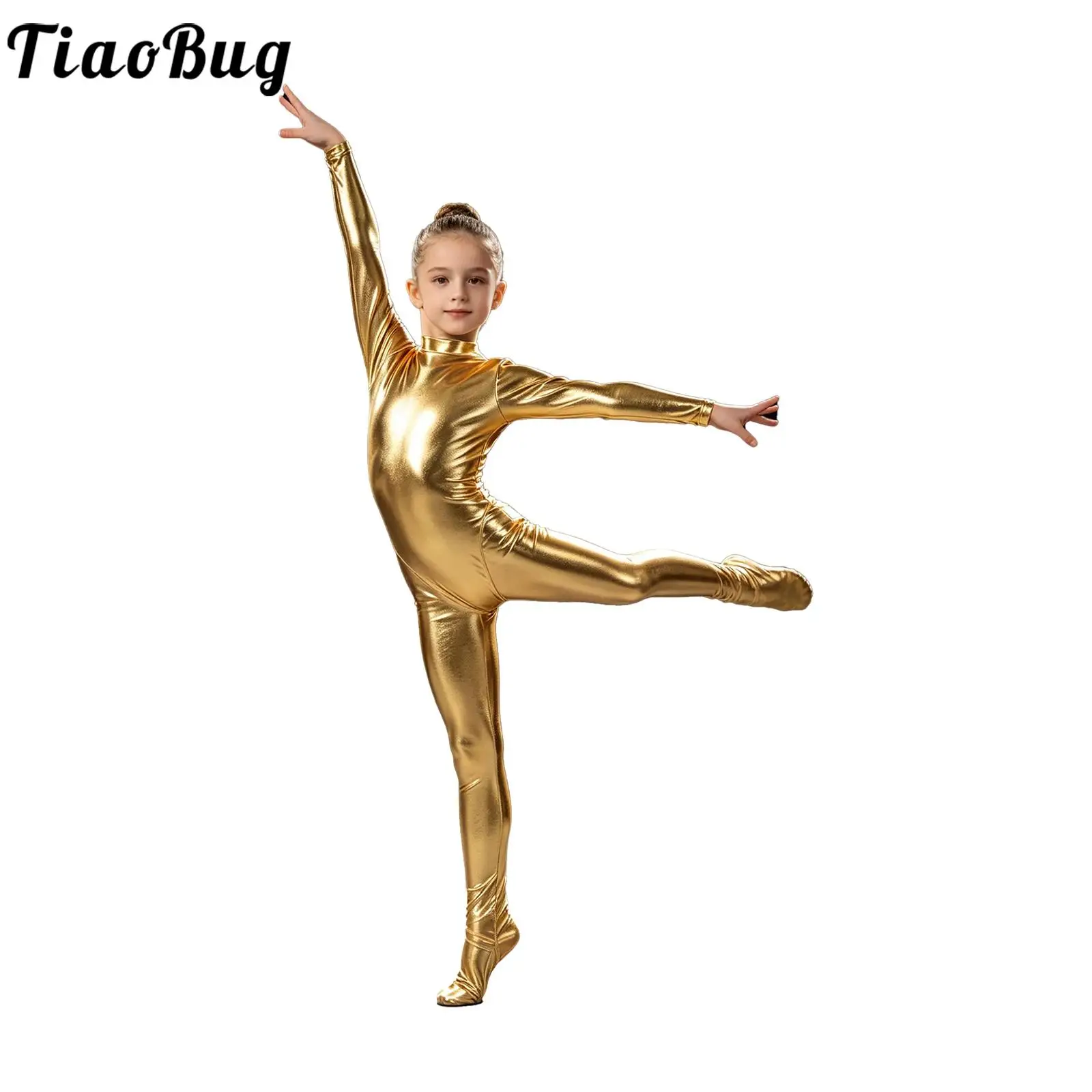 Girls Metallic Ballet Dance Gymnastics Leotard Halloween Alien Cosplay Outer Space Costume Long Sleeve Shiny Full Body Unitards