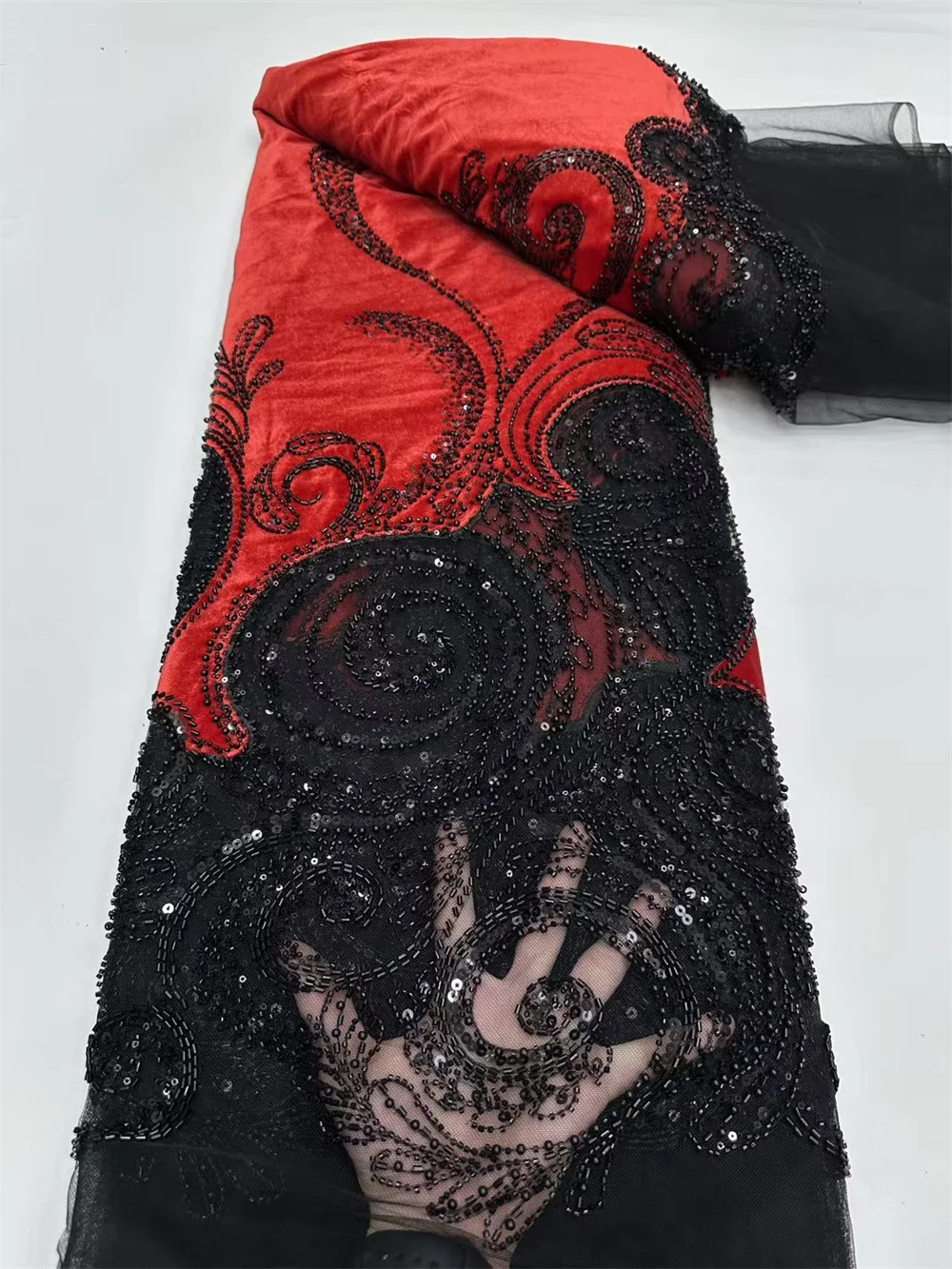 5Yards African Handmade Heavy Beaded Tulle Lace Fabric 2025 French Sequins Embroidery Net Pearls for Bridal Party Dresses Hm90-1