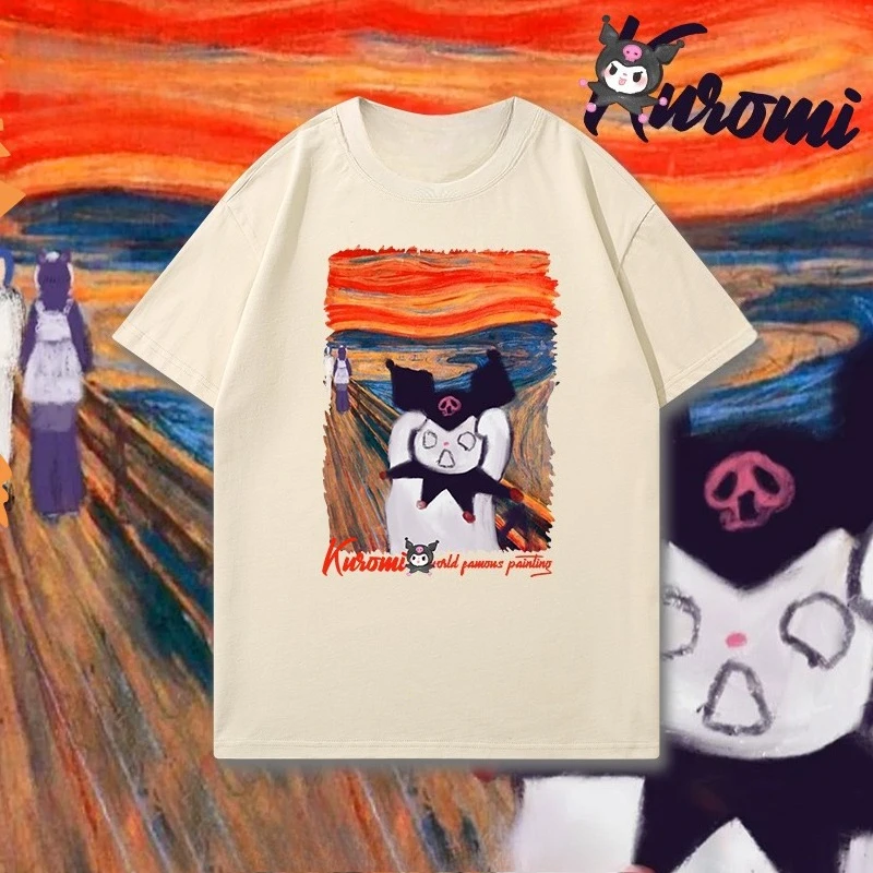 

Sanrio KUROMI Scream с рисунком персонажа из мультфильма, летняя футболка с принтом, мужское и женское повседневное семейное платье с короткими рукавами