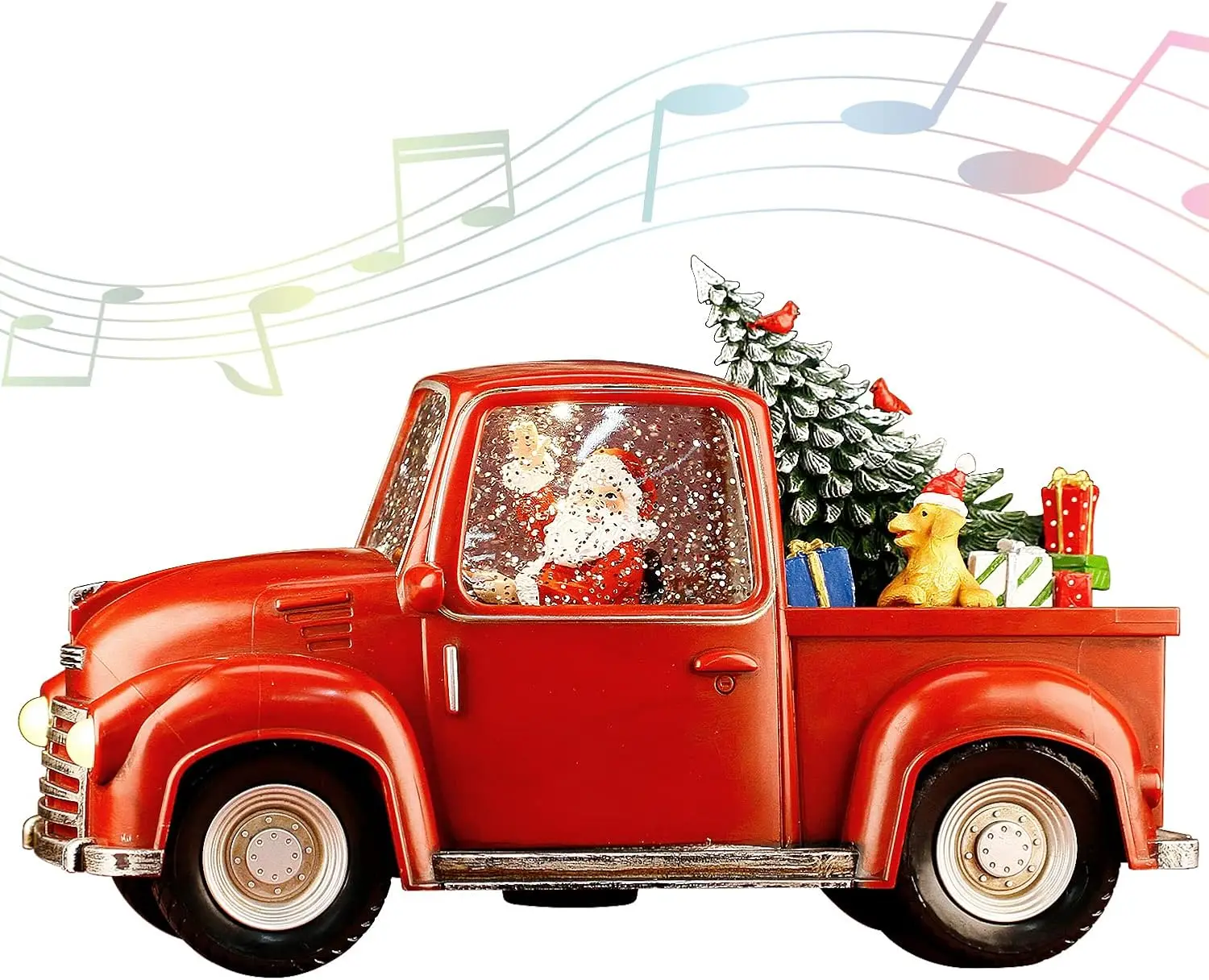 

Винтажный красный грузовик, музыкальный снежный шар с огнями, завивающимися блестками и Санта-Клаусом для рождественского домашнего декора