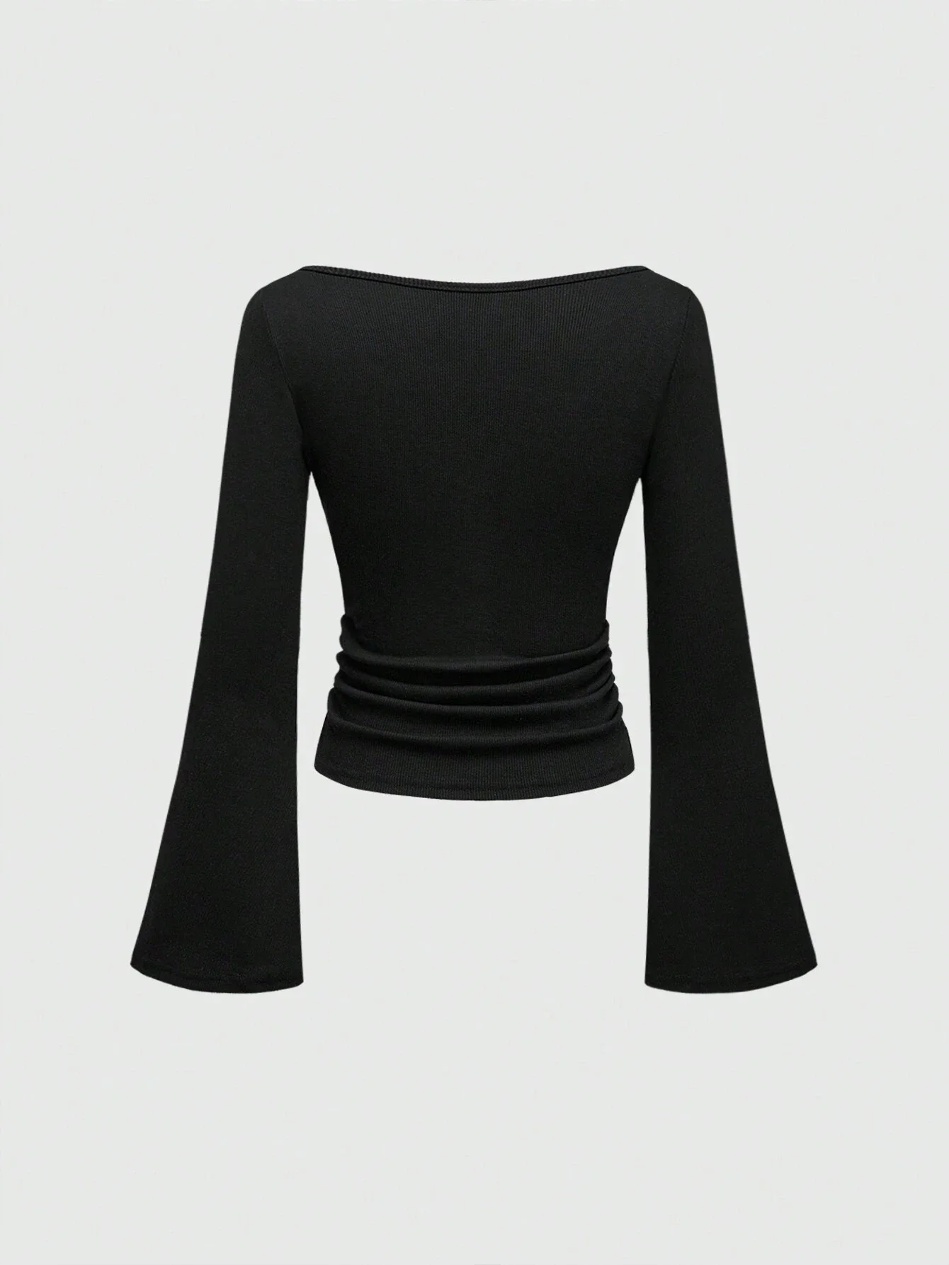 

Черный однотонный облегающий топ с открытыми плечами и расклешенными рукавами для женщин