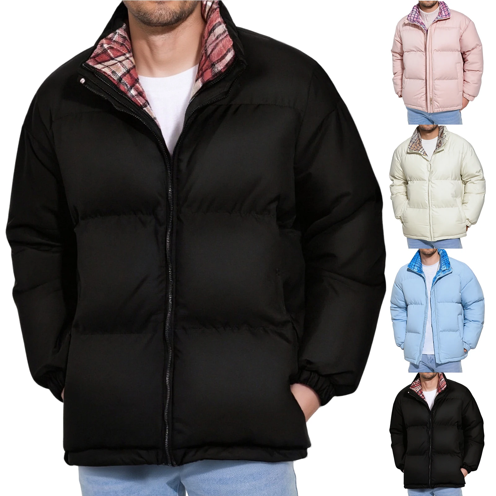 

Interior And Exterior Color Blocked Plaid Stand Up Collar Jacket Loose And Thick Cotton Clothing Casual Solid Color Jacket