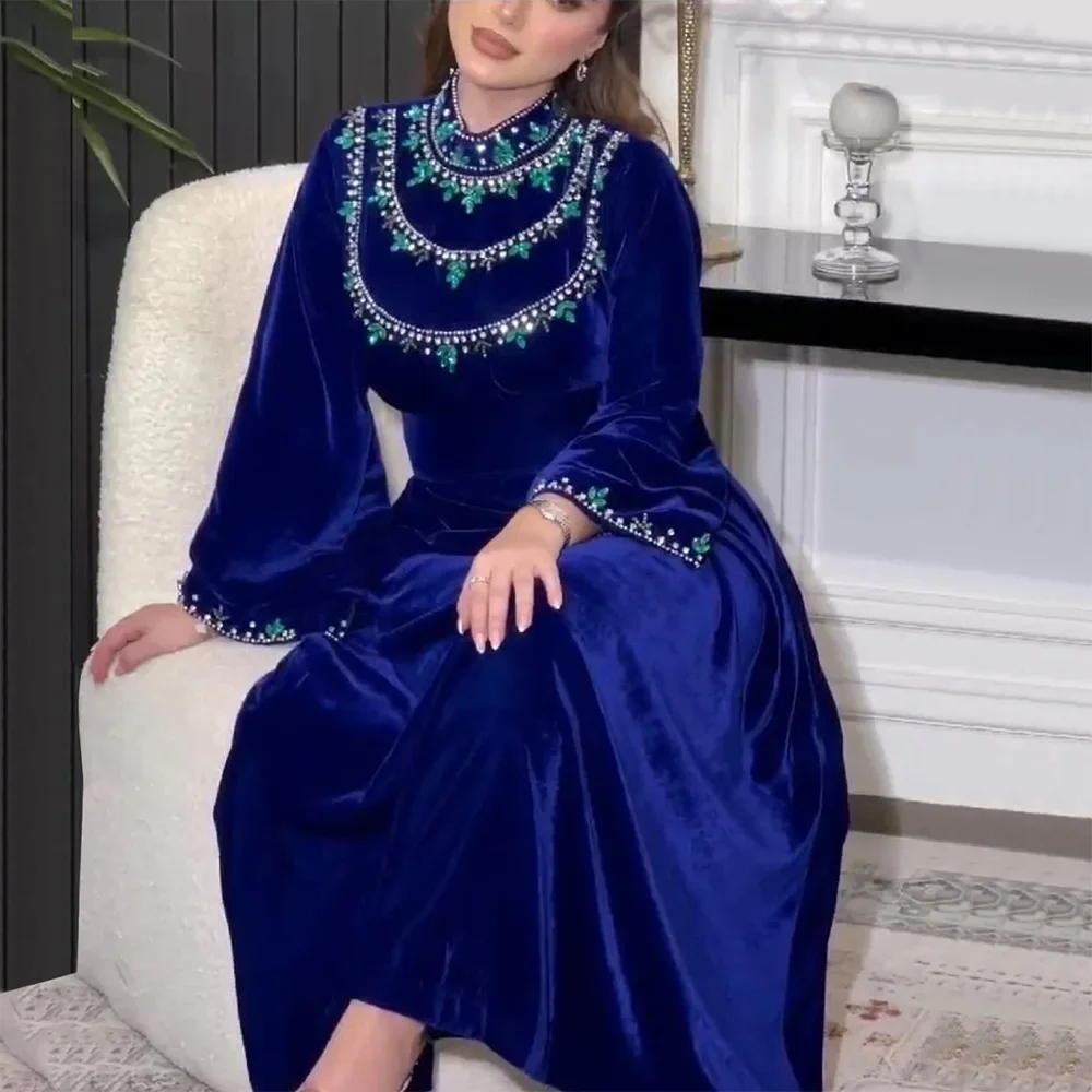 Royal Blue Saudi Arabia Women Prom Dresses A line Evening Dresses Long Sleeves Floor Length Zipper Formal Women Party Dresses