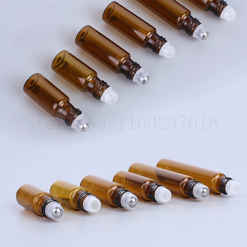 20pcs/Lot Amber Glass Roll on Bottle with Glass and Metal Ball Brown Thin Glass Roller Essential Oil Vials
