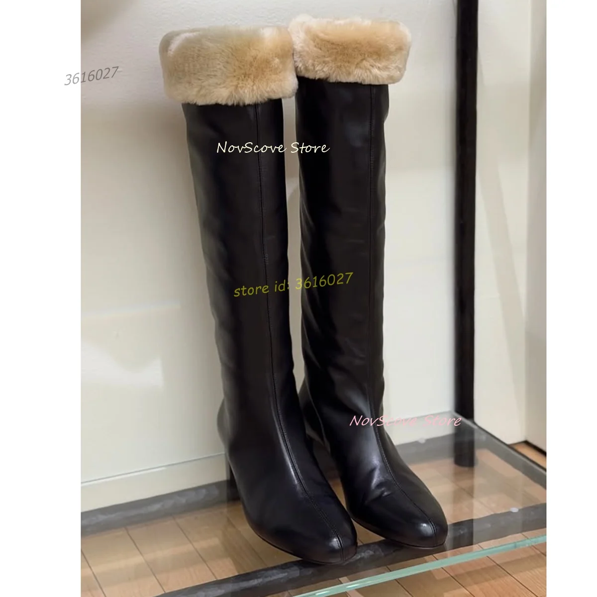 

Black Leather Furry Knee High Boots Round Toe Block Middle Heels Sewing Comfort Winter Warm Boots Classic Concise Long Booties