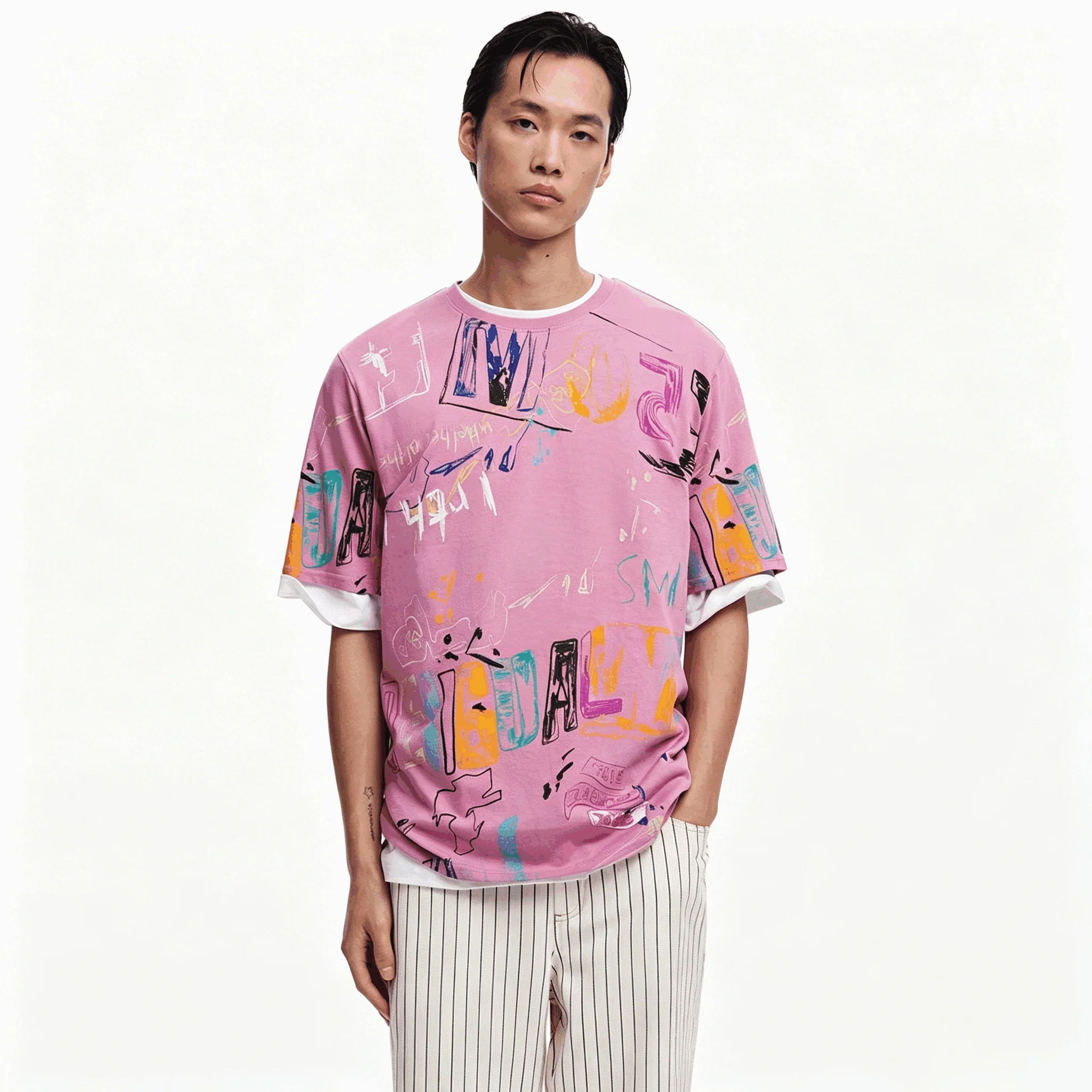 Europäisches, amerikanisches, spanisches Original-Herren-T-Shirt mit kurzen Ärmeln, bestickt mit floralen Graffiti-Motiven, lockeres Oberteil, leicht und atmungsaktiv. – Detail 1