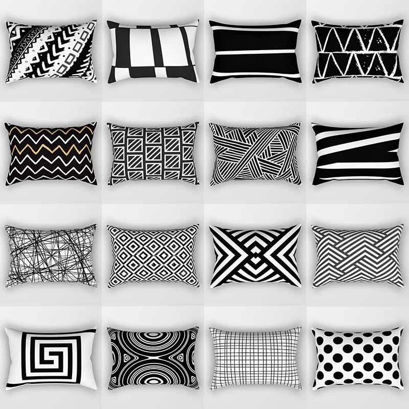 Black and White Simple Geometric Rectangle Pillowcase Home Decor Car Sofa Cushion Cover   Accessories 30x50cm