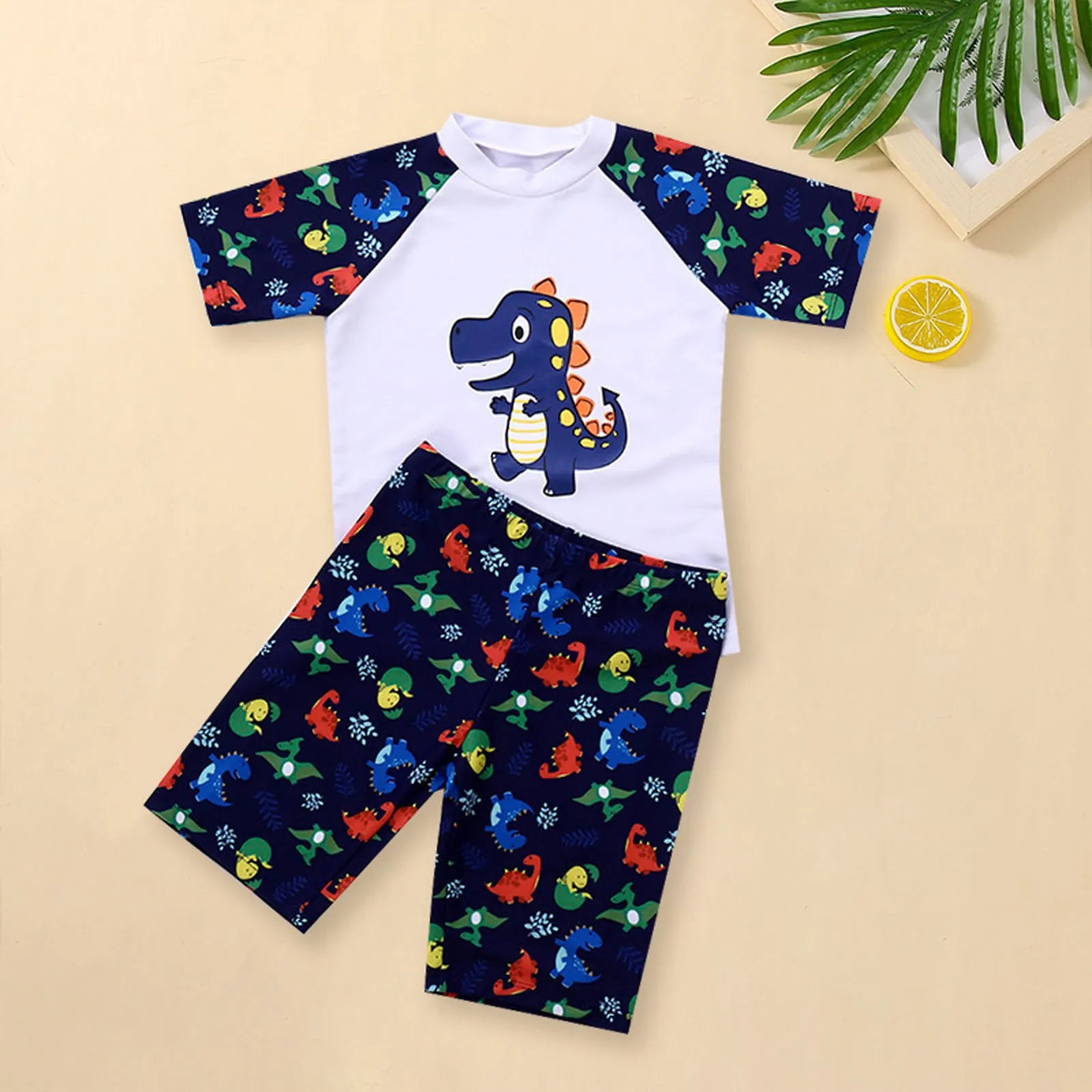 

Toddler Boys Bathing Suit Letter Short Sleeve Swimwear Cartoon Dinosaur Swim Trunk 2pcs Swimsuit Split Short Swim Top Boys Set