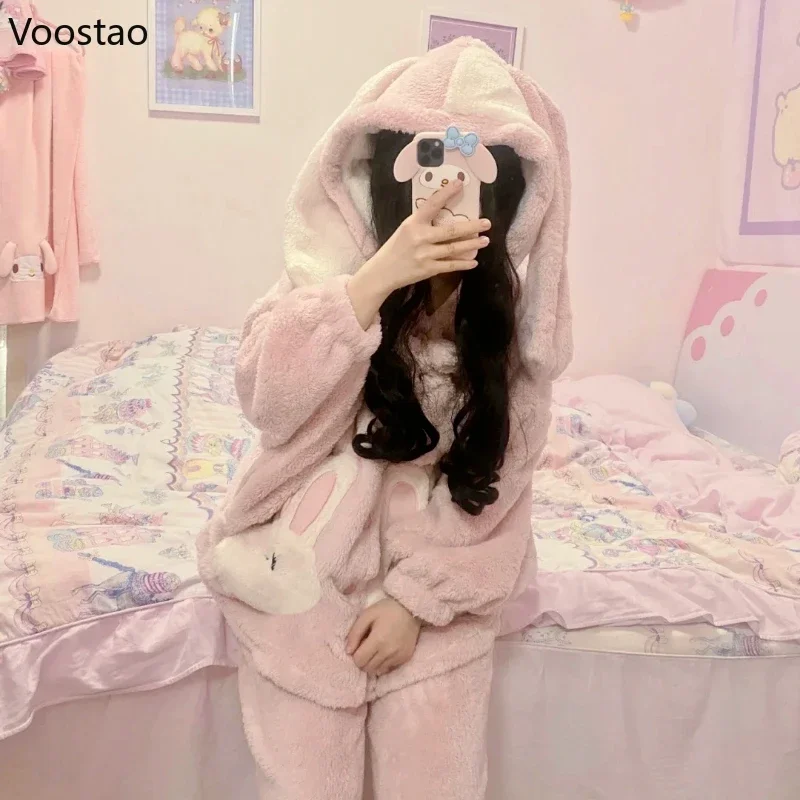 Autumn Winter Cute Lolita Princess Pajamas Sets Warm Cartoon Rabbit Ears Hooded Plush Leisure Wear Girl Sweet Homewear Sleepwear