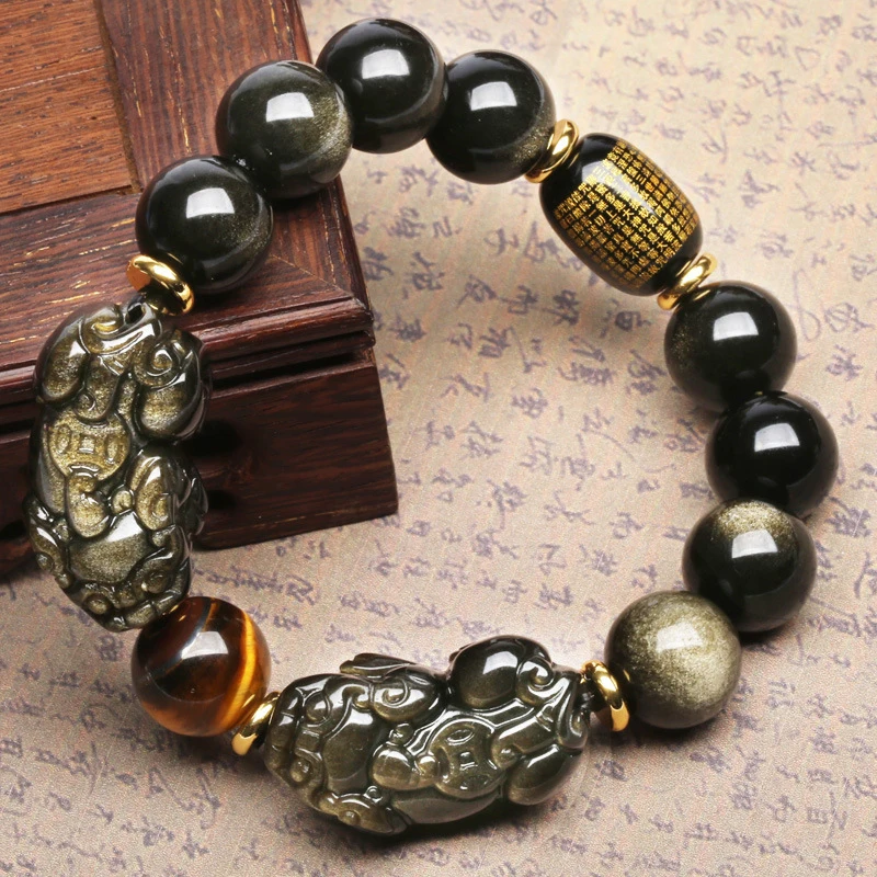 Natural Double Pixiu Bracelet With Obsidian Heart-Sutra Beads Yellow Tiger Eye Stone Men And Women