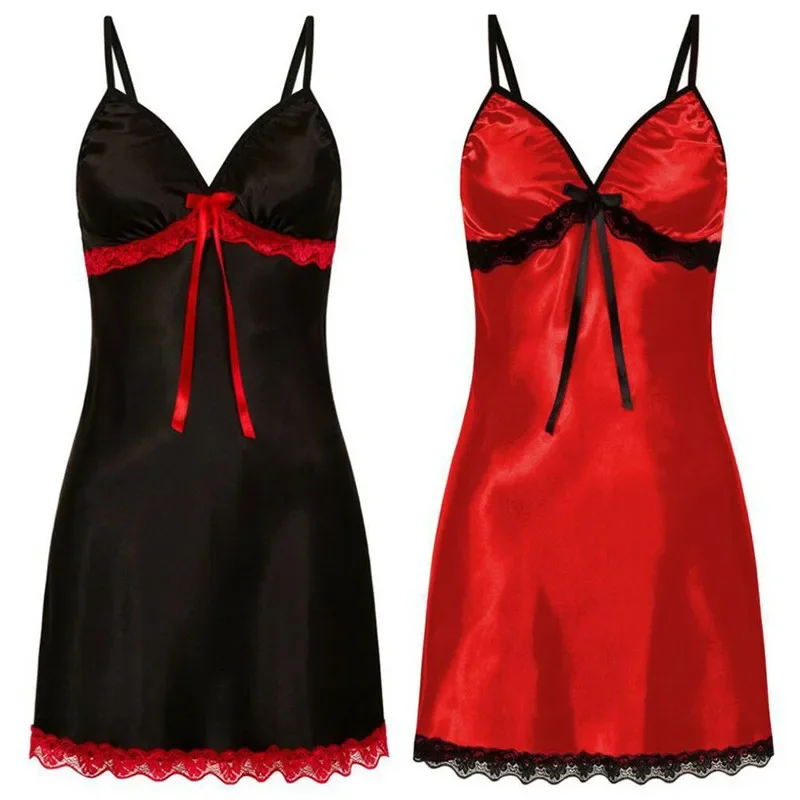 Lace Silk Satin Sleepwear Women Sexy Lingerie Night Dress Sleeveless Straps Mini Dress with Panties Nighties Nightgown