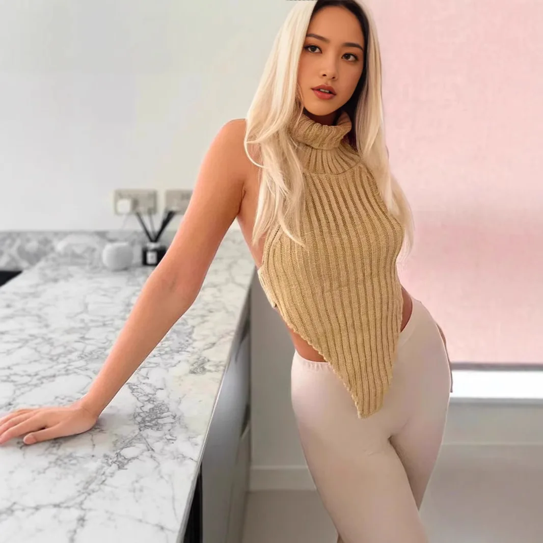 

New Arrival Western-Style Women's Pure Innocence & Sexy Turtleneck Backless Top - Triangle Asymmetric Sleeveless Knitted Cami fo