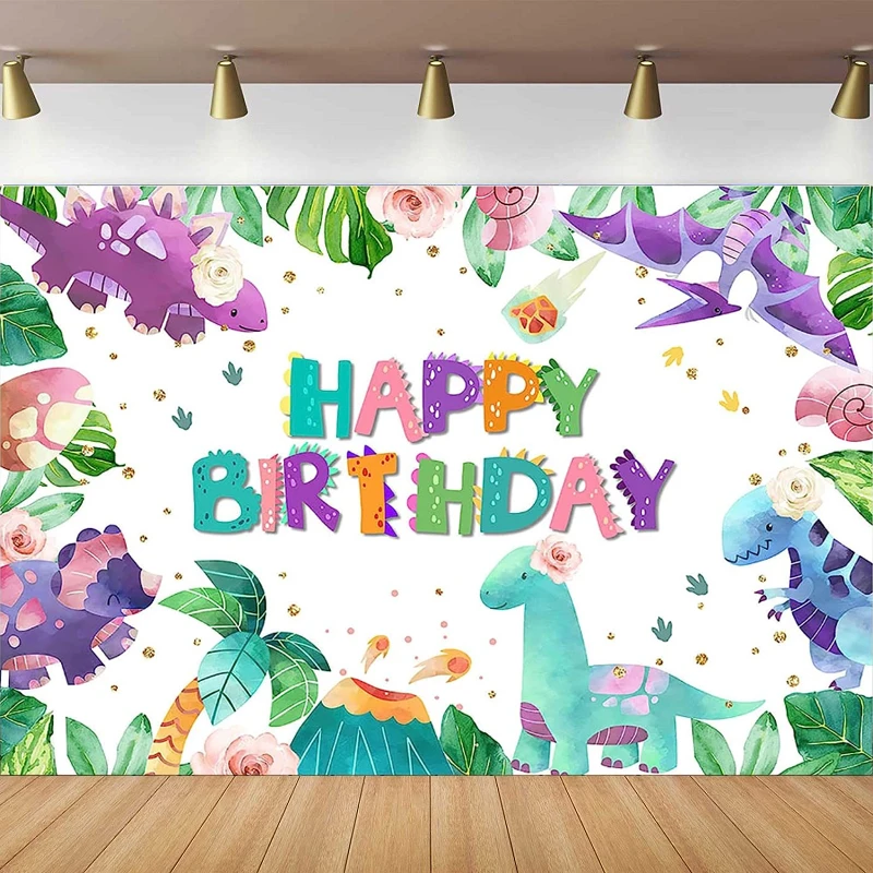 Photography Backdrop Birthday Party For Girl Decoration Background Banner Wild Safari Purple Pink Dinosaur Photoshoot Poster