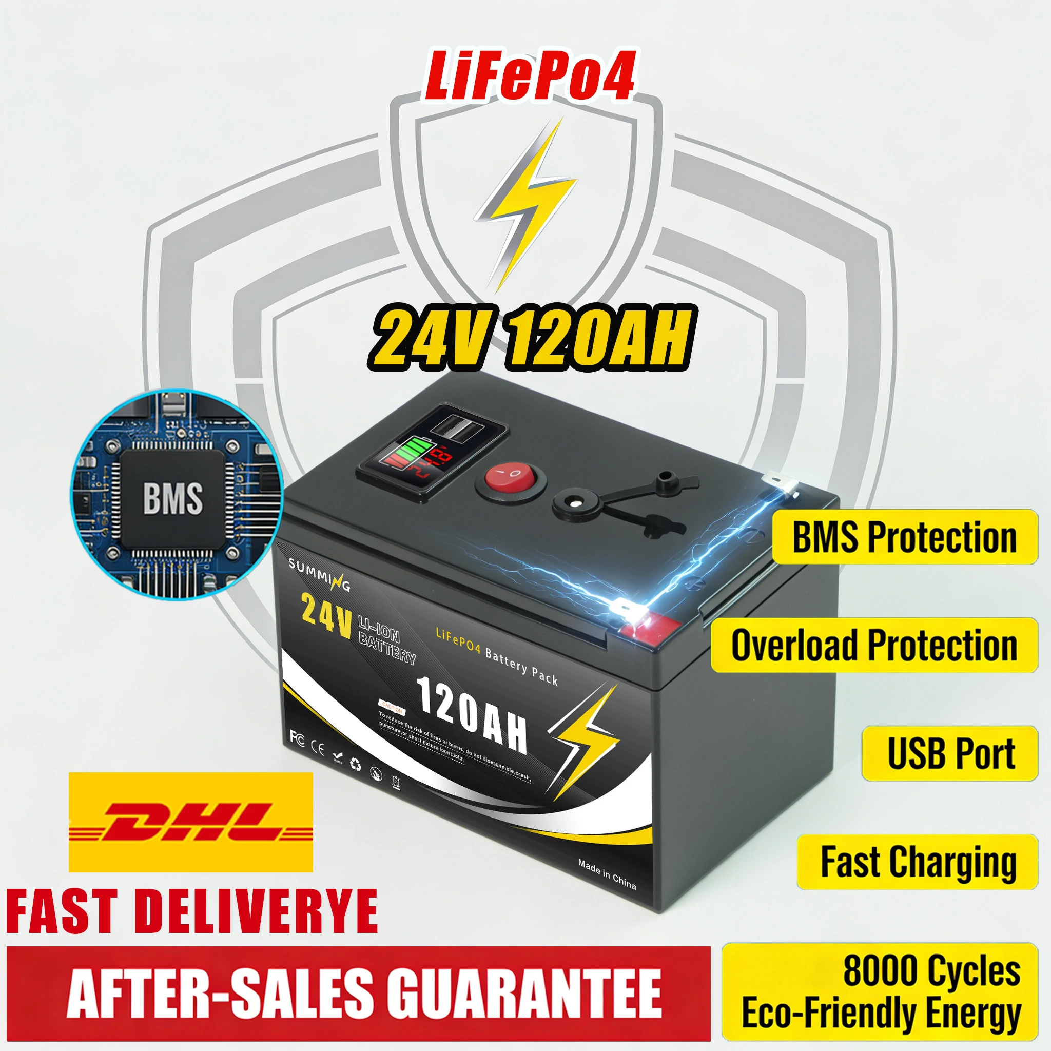 

Lithium Battery 24V 120Ah Lithium Iron Phosphate Battery w/ Enhanced BMS-Perfect for Solar Storage, RV, Boat, Solar Battery