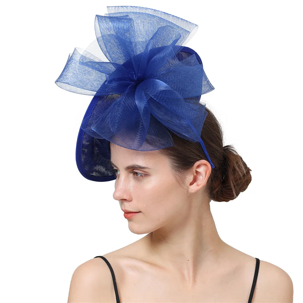 Sombreros de cóctel fascinador azul real de lujo con malla Floral para eventos, accesorios para el cabello, sombreros de boda Derby