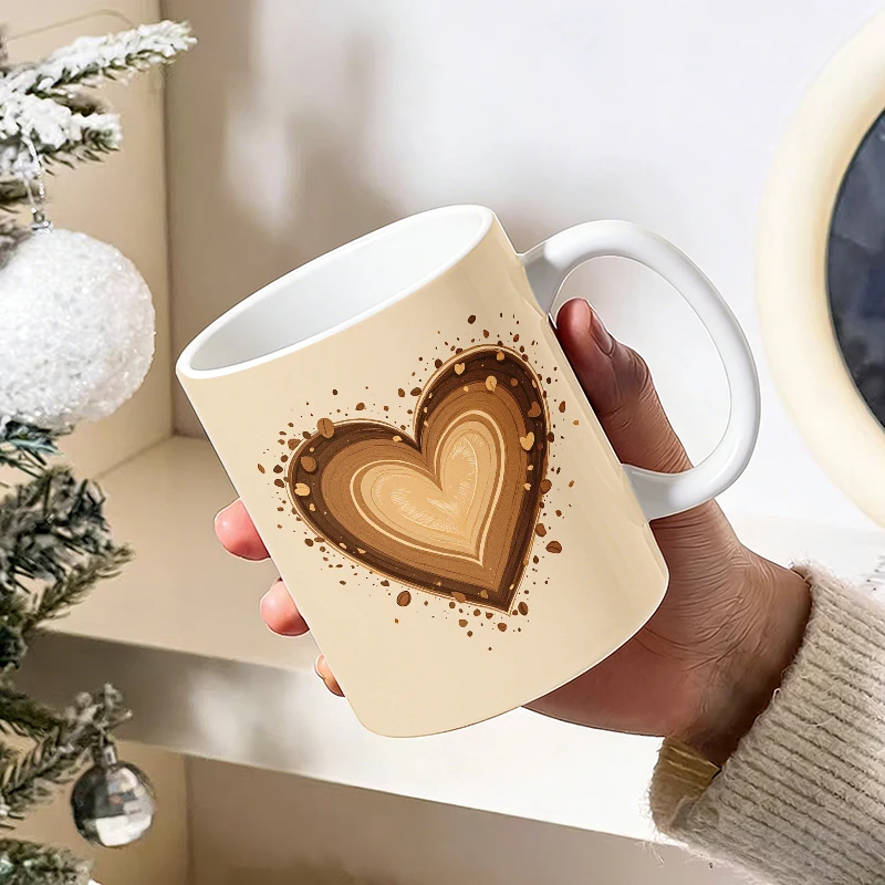 

1pc Gradient Wood Grain Heart Handle Ceramic Cup, Creative Coffee Cup, Insulated Milk Cup, Office Tea Cup, Fade-Resistant