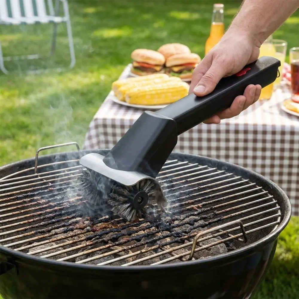 

Stainless Steel Electric BBQ Cleaning Brush Double Wheel Long Handle Rotating Barbecue Brush Steel Wire Bristles 2 Speed Modes