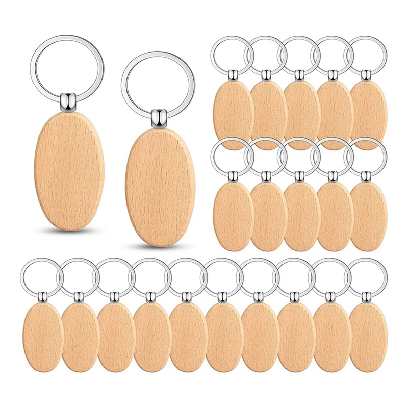 

50 Pieces Oval Wood Engraving Blanks Unfinished Wooden Key Ring Key Tag For DIY Gift Crafts (Oval)