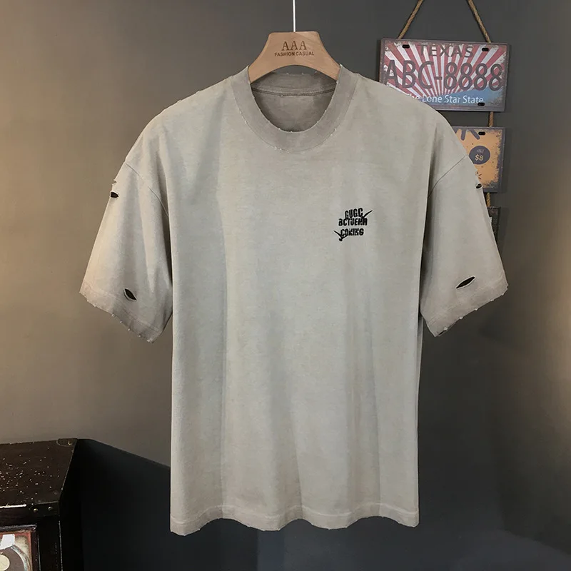

Broken hole wasteland style retro short sleeved t men's 2025 new trend printed street casual fashion nostalgic men's clothing