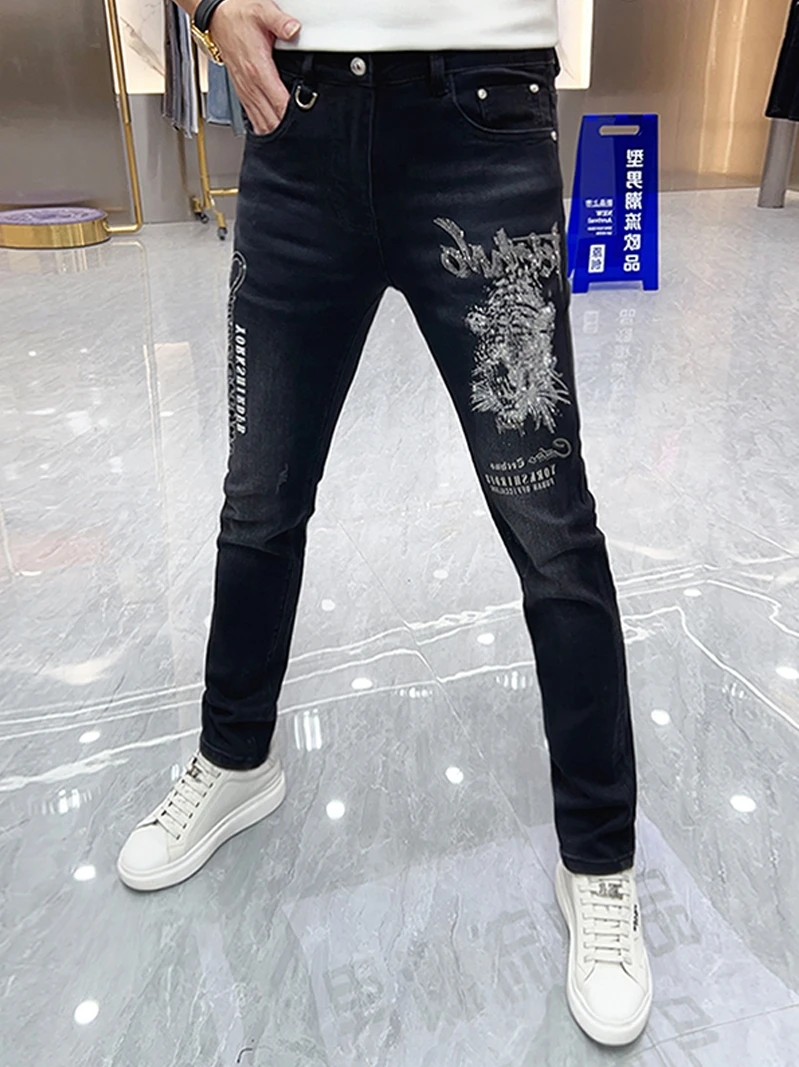 Heavy Duty Men's Denim Jeans Trendy Brand Printed Leopard Drill Slim Fit Elastic Black Jeans Youth Casual High Stretch