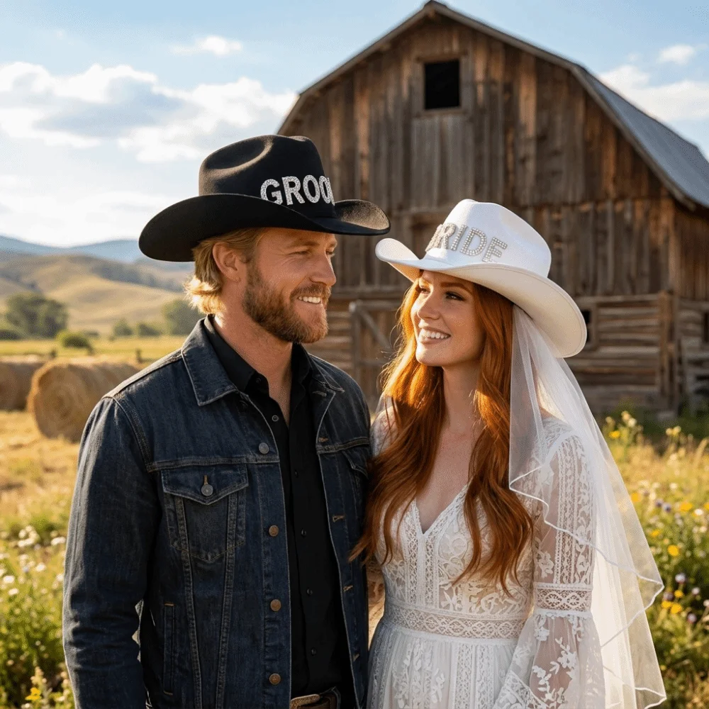 Sombrero de Vaquera Romántico de Ala Ancha Blanco para Novia con Velo de Tela No Tejida y Perlas, Ideal para Despedidas de Soltera