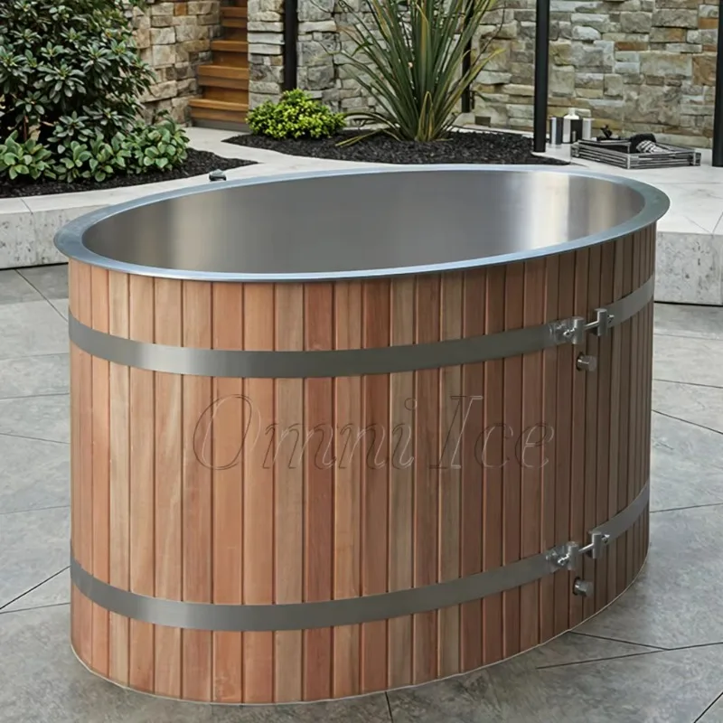 

Customized refrigeration plug tub High quality cherry wood oval bucket 2 people ice tub 1HP cold plug