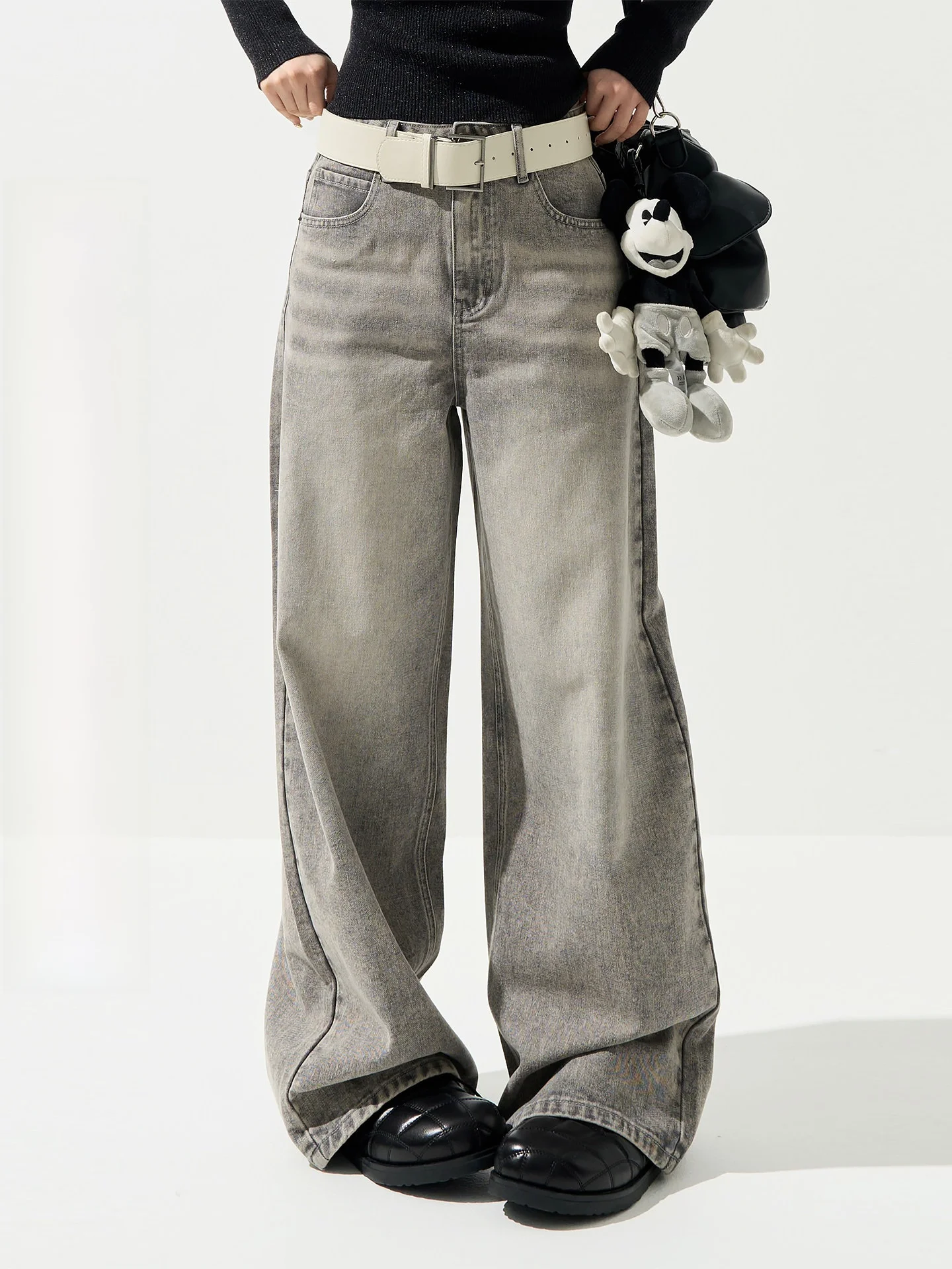 

Wu Tong Tong High Waist Wide Leg Straight Cut Jeans Women's Grey Washed Korean Style Loose Floor Length Trousers