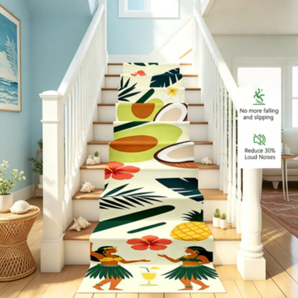Tropical Summer Fruit Hibiscus Shell Print Self-adhesive Long Stair Runner Mat,Practical Long Stair Tread Rug.