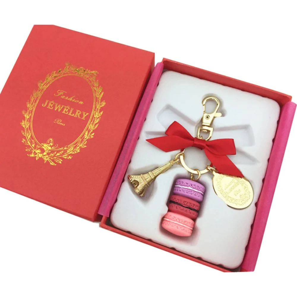 

Alloy Bowknot Macaron Cake Pendant Gold Color Bag Charm Eiffel Tower Key Chains With Gift Box Dessert Macaron Key Ring