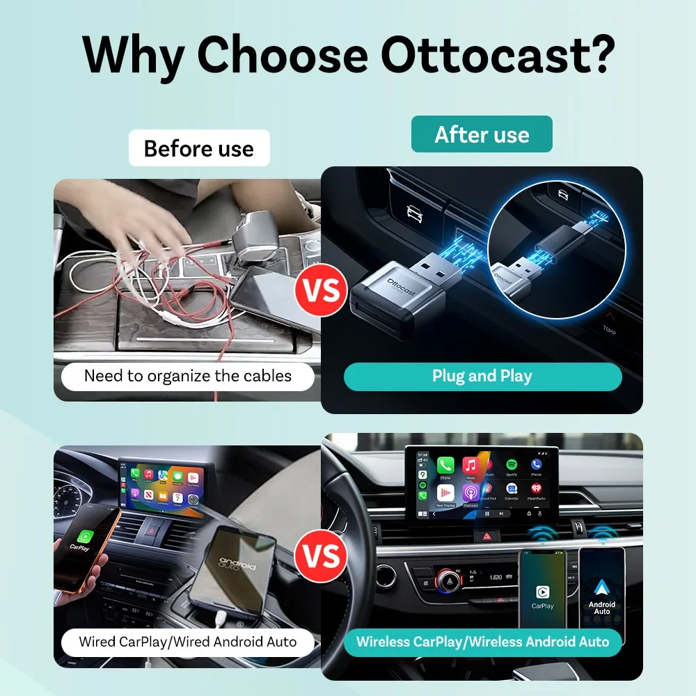 OTTOCAST ウルトラミニジェム 2 in 1 ワイヤレスCarPlay Android Autoアダプター USBドングル プラグアンドプレイ 高速接続 ベンツ アウディ トヨタ VW対応