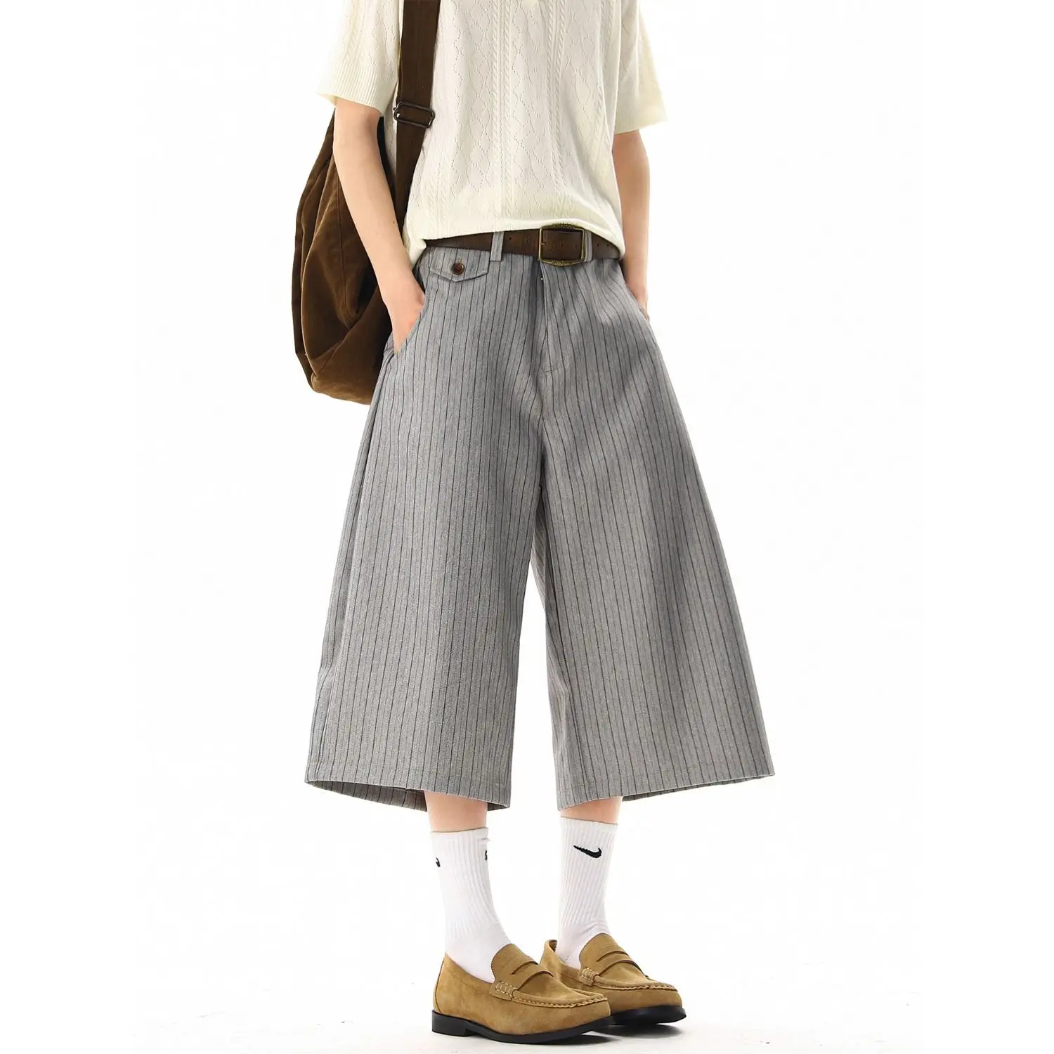 Summer Men's Vertical Striped Casual Shorts Commuting Boy Mini Pants Wide Leg Bottom Male Calf-length Thin Trousers