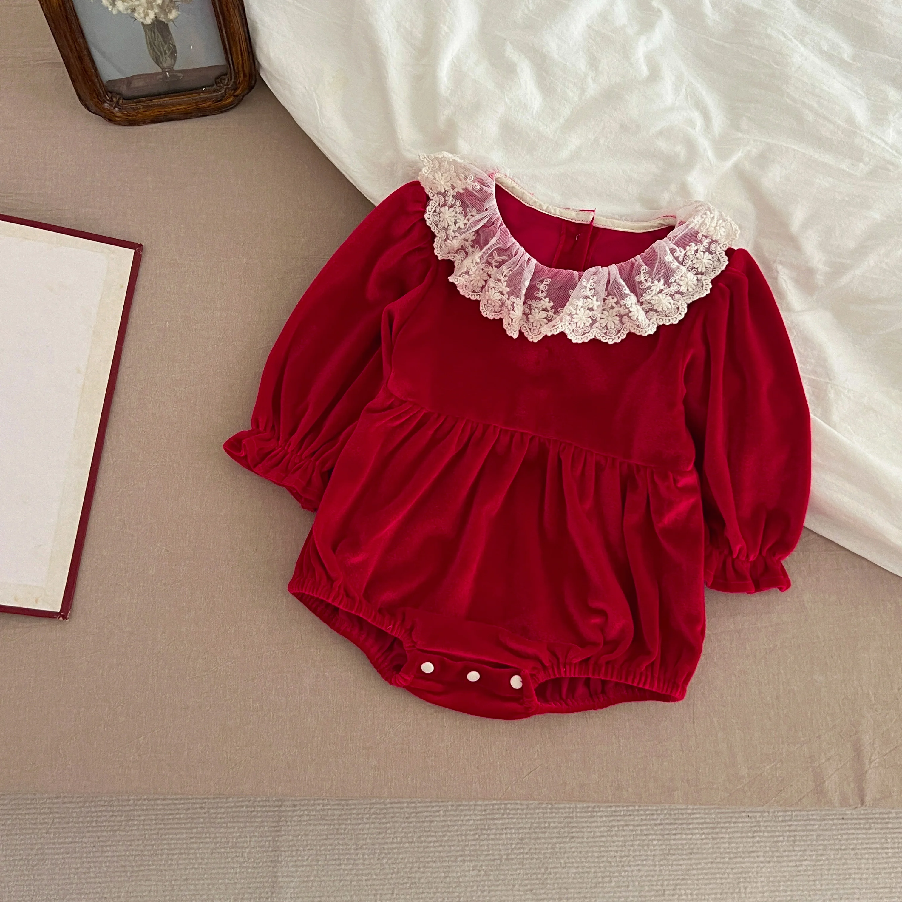 0-3Y Weihnachten Strampler Neugeborenen Kinder Baby Mädchen Rot Strampler Süße Rote Spitze Prinzessin Infant Neue Baby Mädchen Strampler kleidung – Detail 1