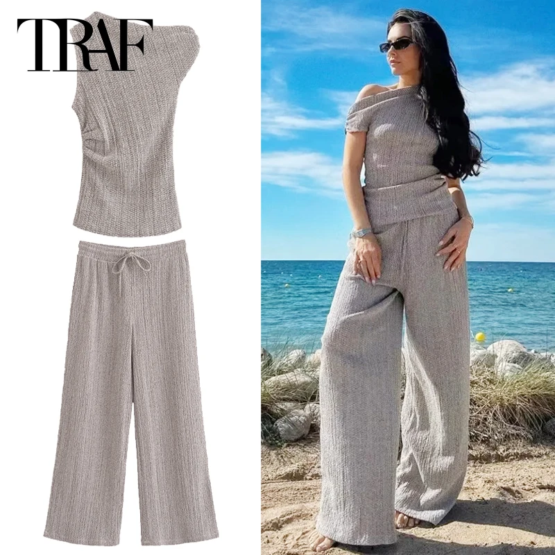 TRAF Elegant Women\'s Sets Textured Asymmetric Sets Women\'s Fashion Suits Two-Piece Ladies Set Casual Vacation Outfits Woman 2024