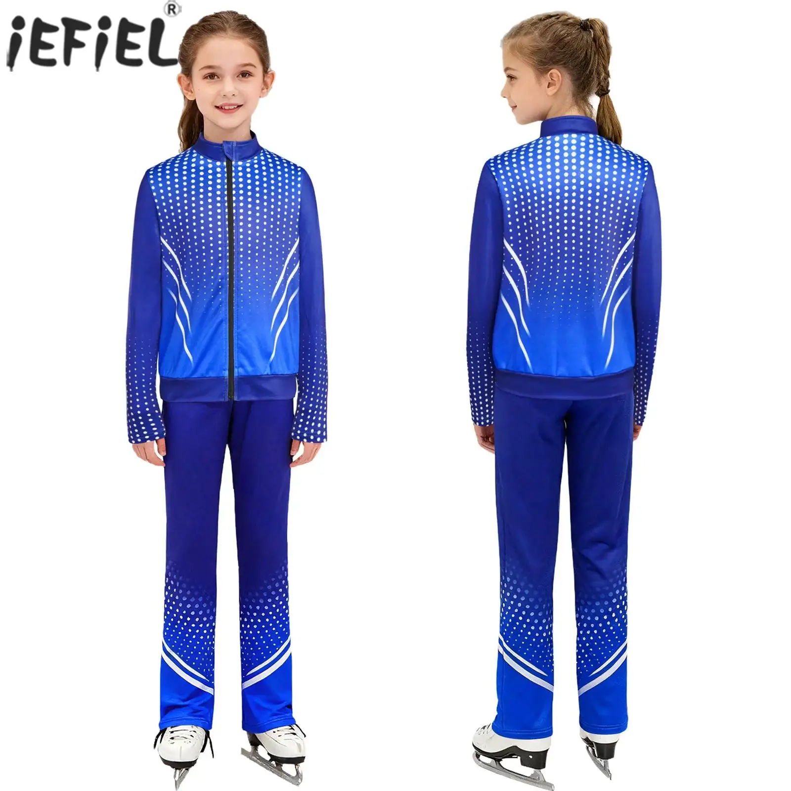 

Kids Figure Skating Practice Performance Costume Printed Zipper Sweatshirt Jacket with Pants for Gymnastics Workout Training