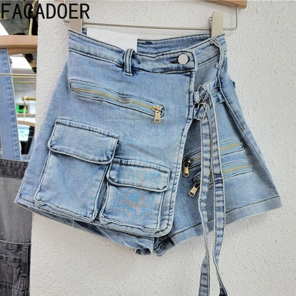 

FAGADOER Y2k Blue Denim Skirt Shorts Pockets Patchwork Cargo Shorts High Waisted Casual Streetwear Jeans Shorts 2023 New