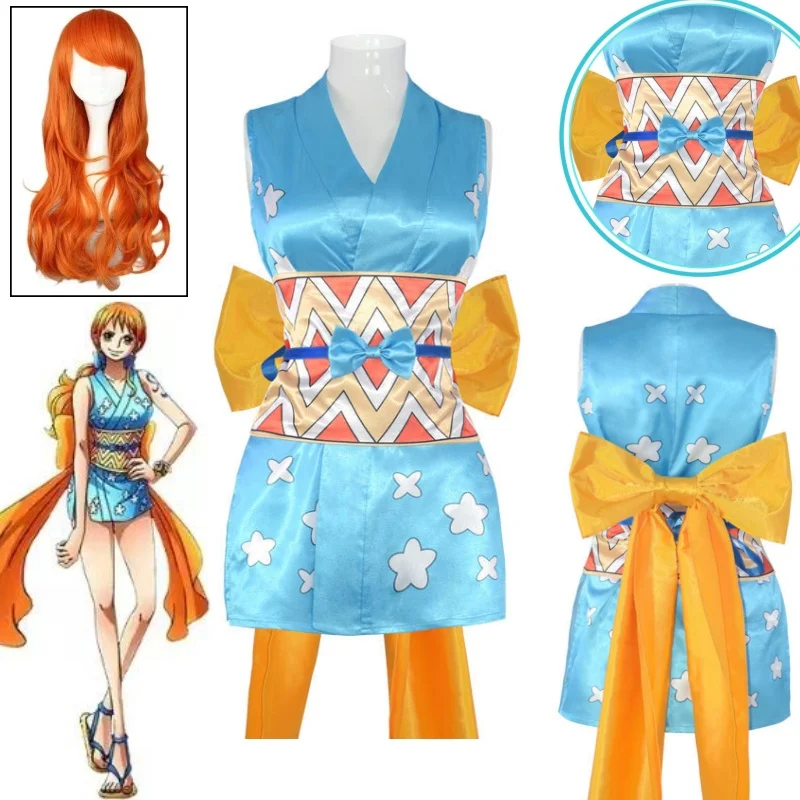 

Nami Cosplay Costumes Wig Japanese Festival Themed Cos Outfit with Sleeveless Kimono and Obi for Comic Conventions Roleplay