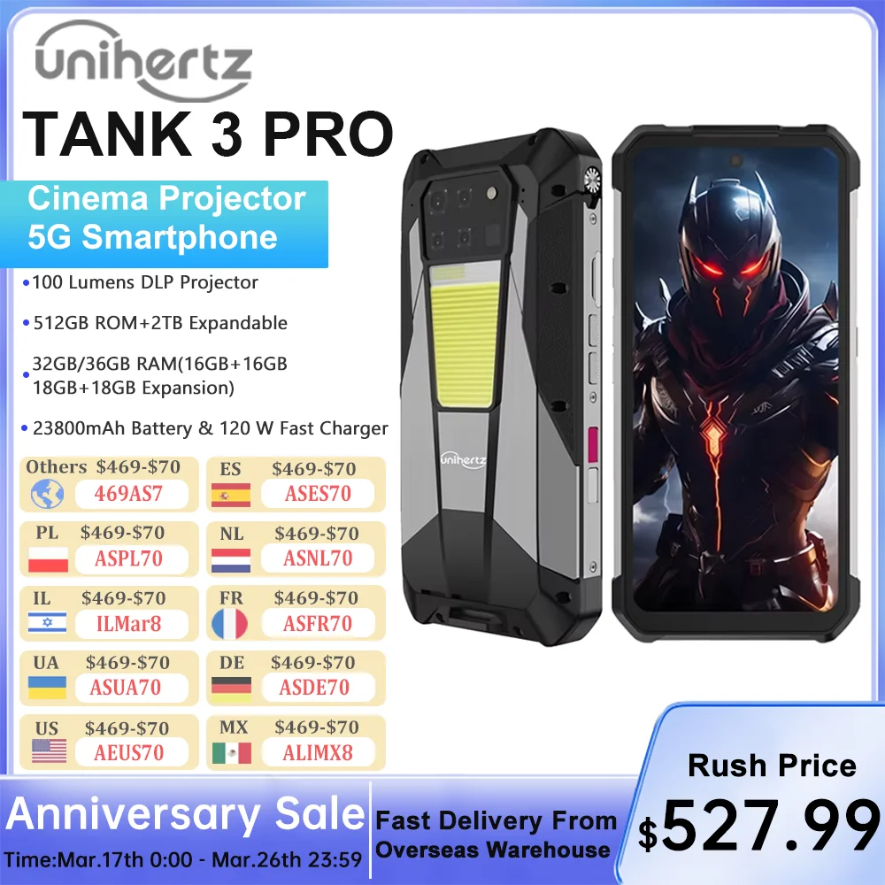US EU MX Warehouse Unihertz Tank 3 Pro 8849 with 100 Lumens 5G Projector phone,32GB/36GB RAM,512GB ROM,23800mAh 120W,200MP, NFC