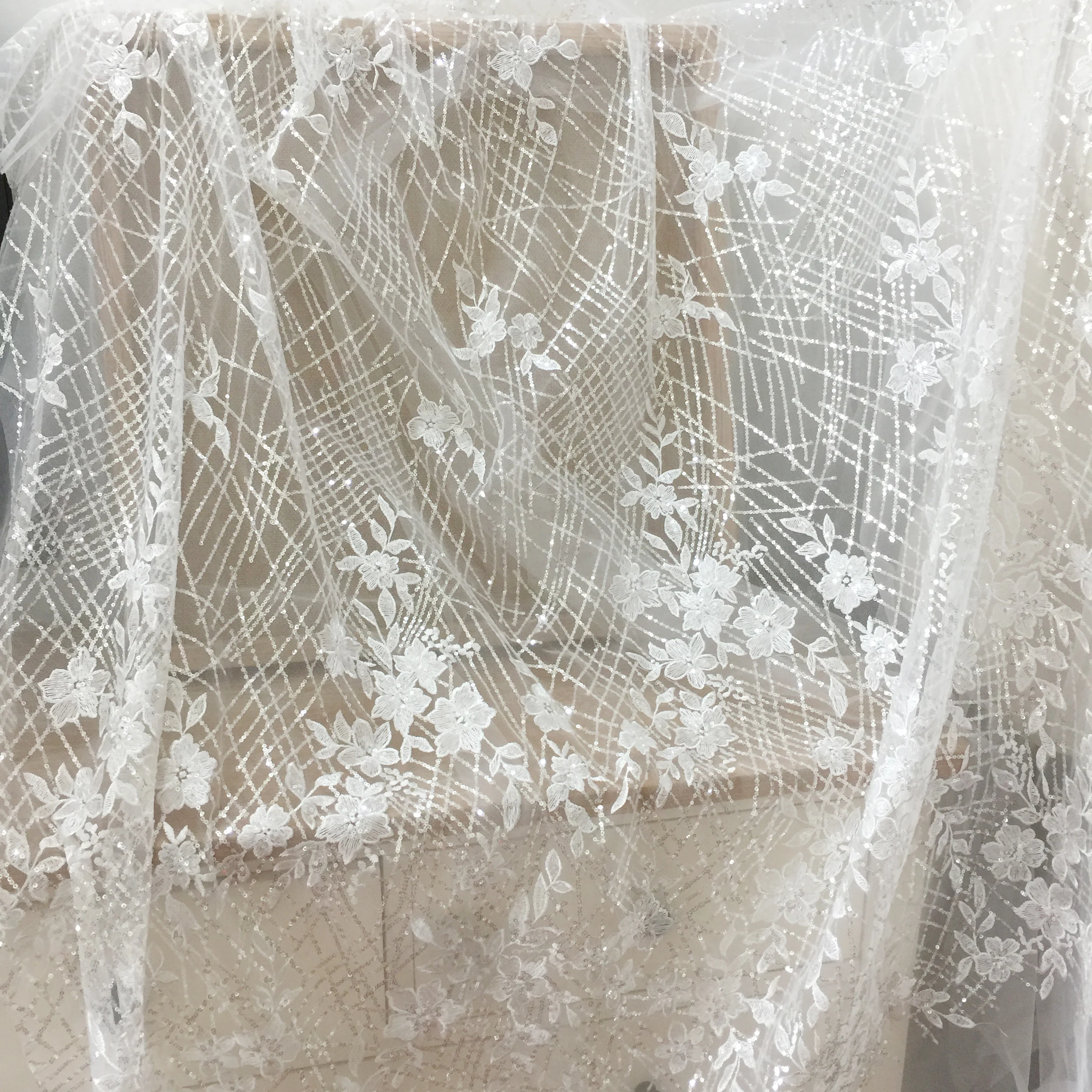 Delicate Striped Mesh Floral Lace Embroidery With Sequins Glitter Fabric For Wedding Dress Fabric