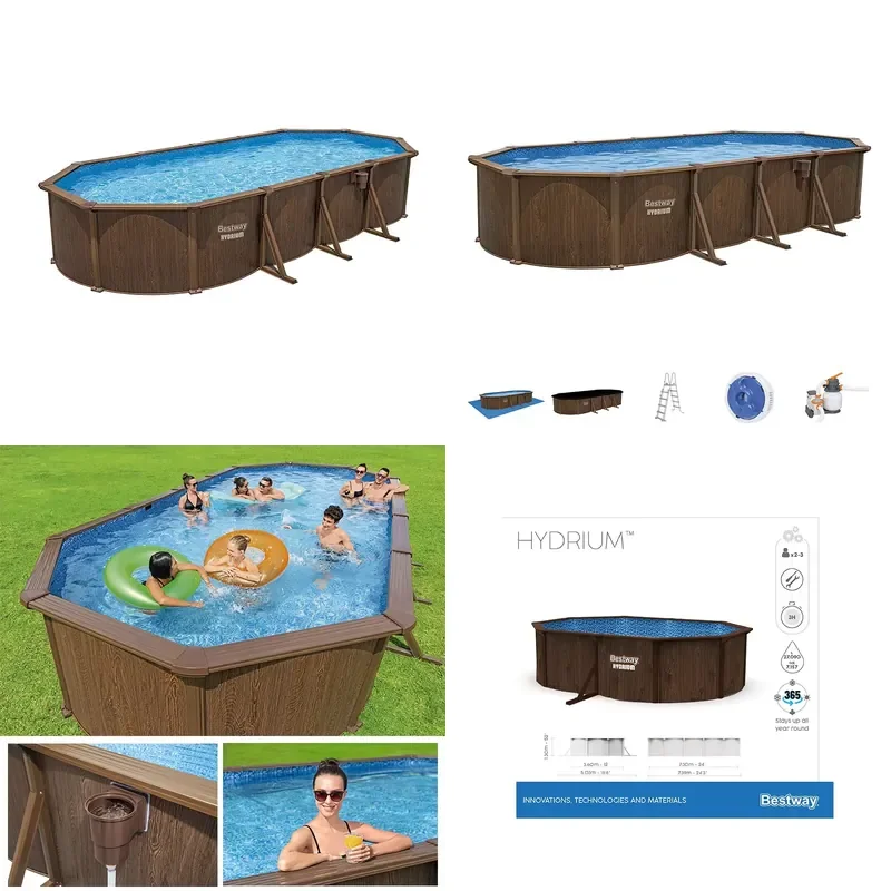 for BESTWAY 561CW Oval Swimming Pool Wood Grain Stainless Steel Wall Large Outdoor Above Ground Pool with Floor Structure