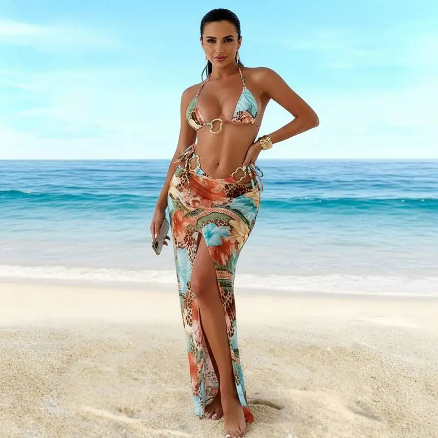 

Floral Two Piece Swimsuit With High Slit Sheer Cover Up Skirt For Women