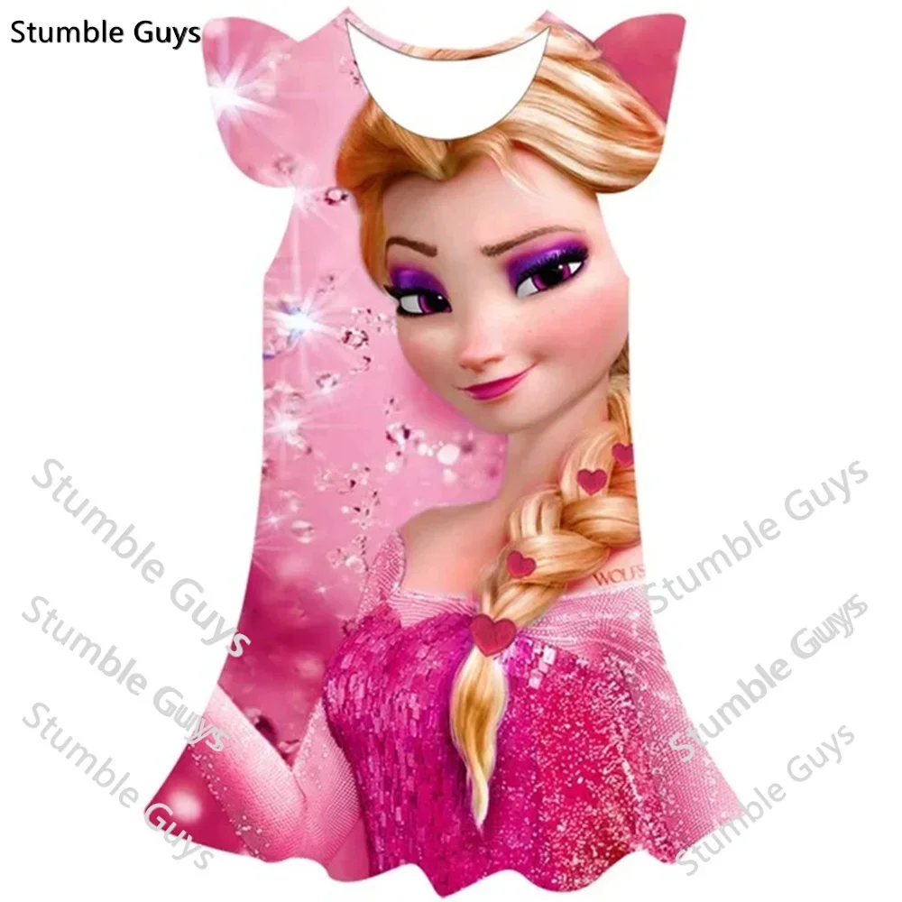 Girl 3D Print Short Sleeves Dress2024 New 3-14 Years Children Baby Disney Frozen Princess Elsa Party Casual Home Dresses For