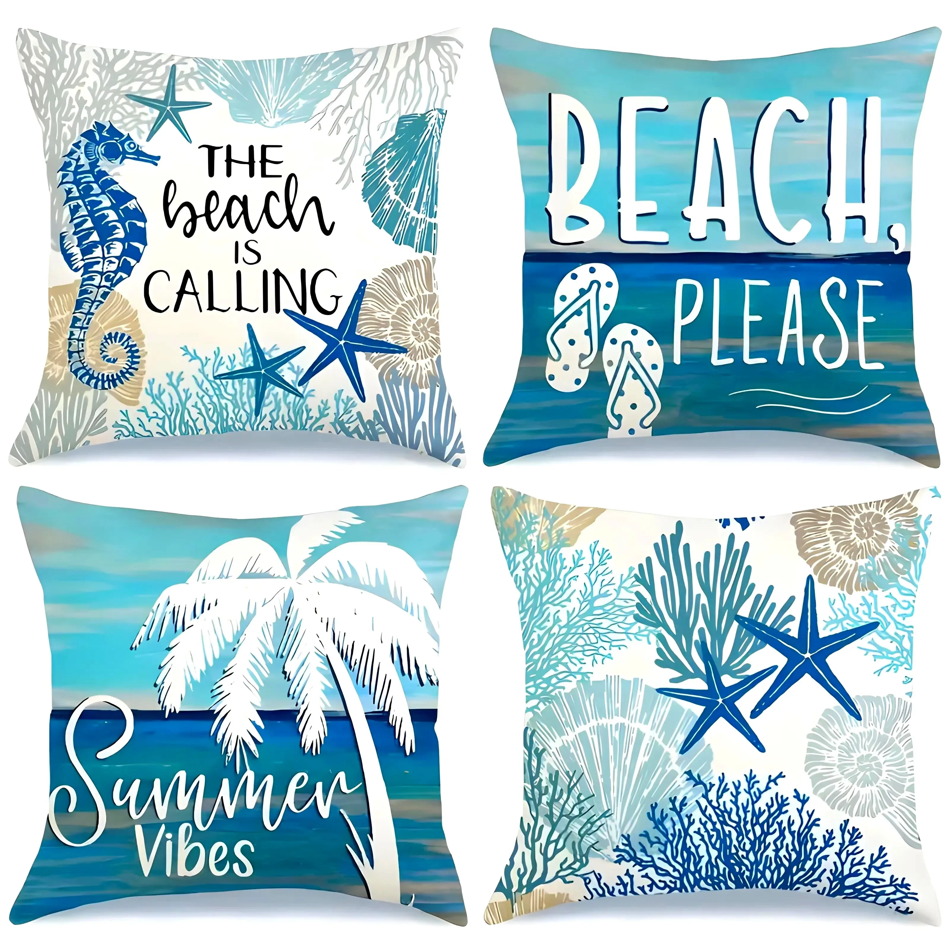 Ocean Beach Theme Pillowcase Coconut Tree Starfish Print Living Room Sofa Cushion Cover Bedroom Room Home Decoration Short Plush