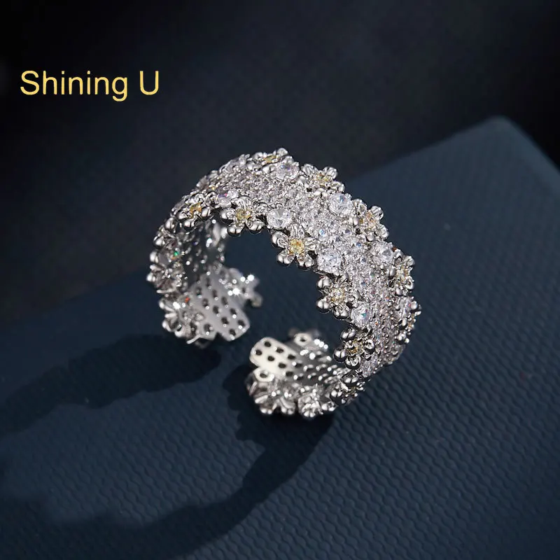 Shining U Light Luxury Starry Full Zircon Gems Open Ring for Women Fashion Accessory New Year Gift