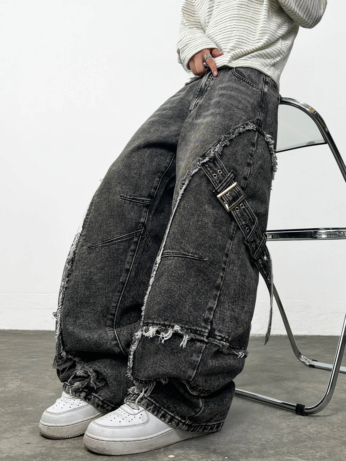High Street Retro Patchwork Frayed Edge Metal Button Design Gray Baggy Jeans Men Y2K Street Fashion Versatile Wide-Leg Pants