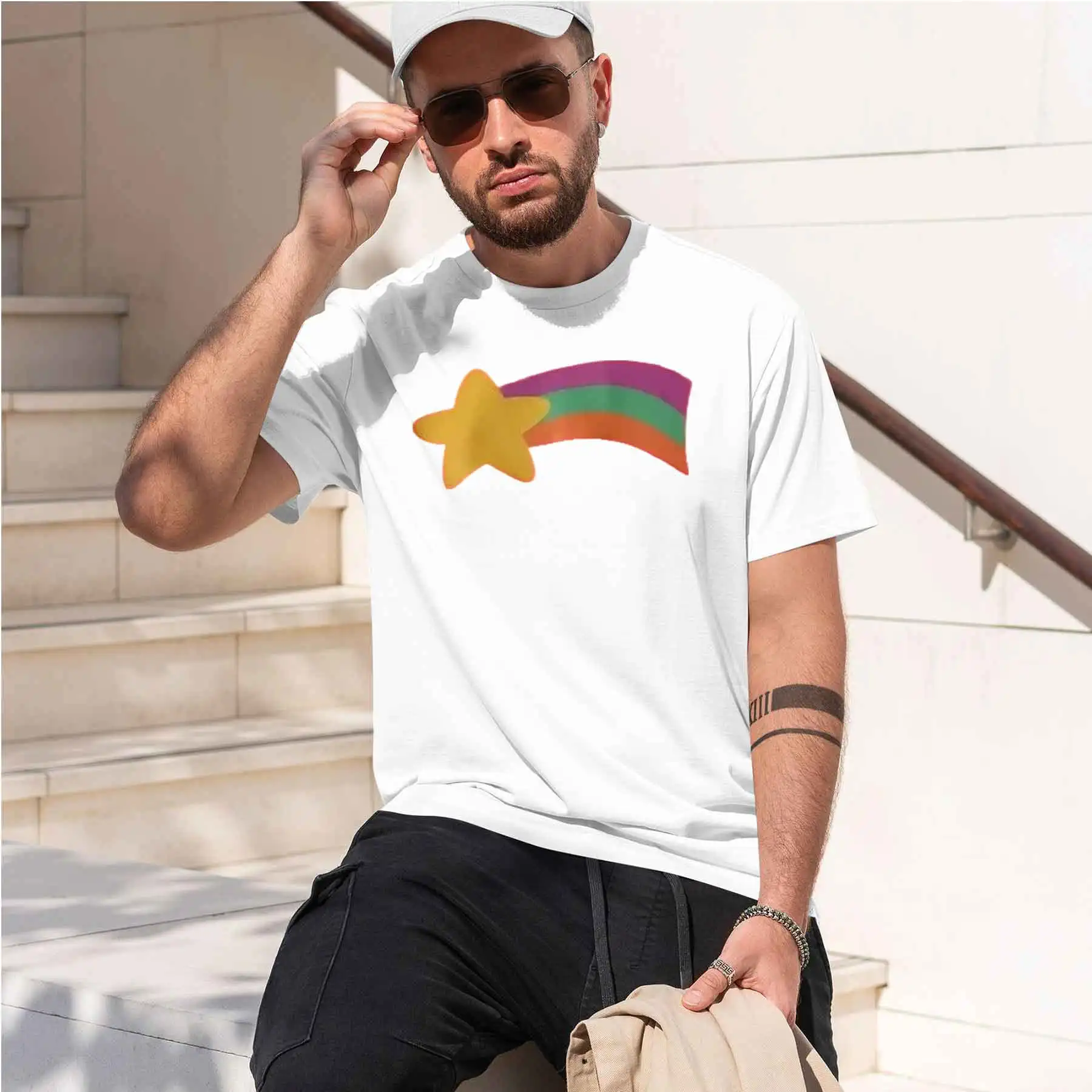 new printed T-shirt printed with  Men's Fun Rainbow Meteor Print Short Sleeve T-shirt Casual Loose Breathable Crewneck Top