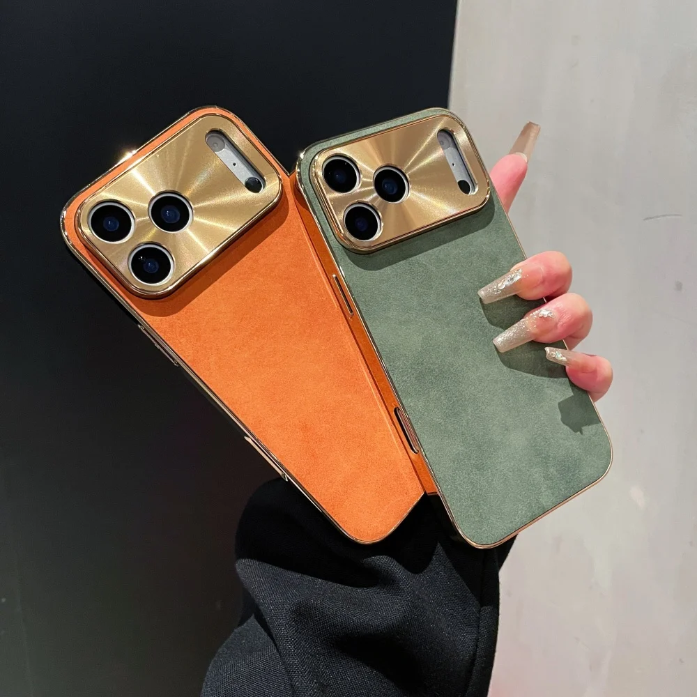 Custodia in pelle di agnello vintage di lusso per iPhone 17 Air 16 15 14 13 12 Pro Max Plus 11 Placcatura paraurti CD Finestra laser Copertura del telefono