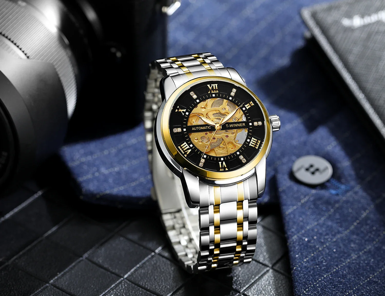 T-WINNER Trendy Sport Men Watches Skeleton Automatic Mechanical Luminous Pointers Stainless Steel Rhinestone Business Wristwatch